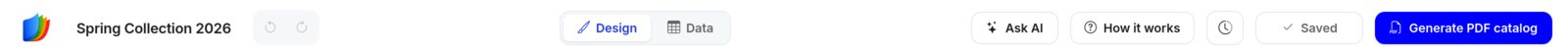 Left half of the top bar: logo, catalog name Spring Collection 2026, undo and redo arrows, and the Design and Data switch.