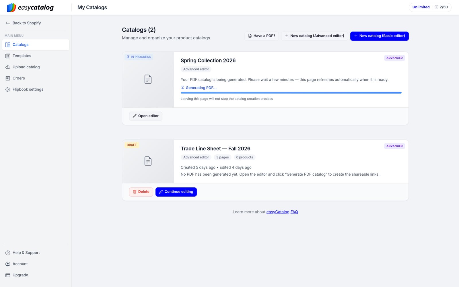 The Catalogs page with the Spring Collection 2026 card marked In progress: Your PDF catalog is being generated, Generating PDF with a progress bar, Leaving this page will not stop the catalog creation process, and an Open editor button. A draft card sits below it.