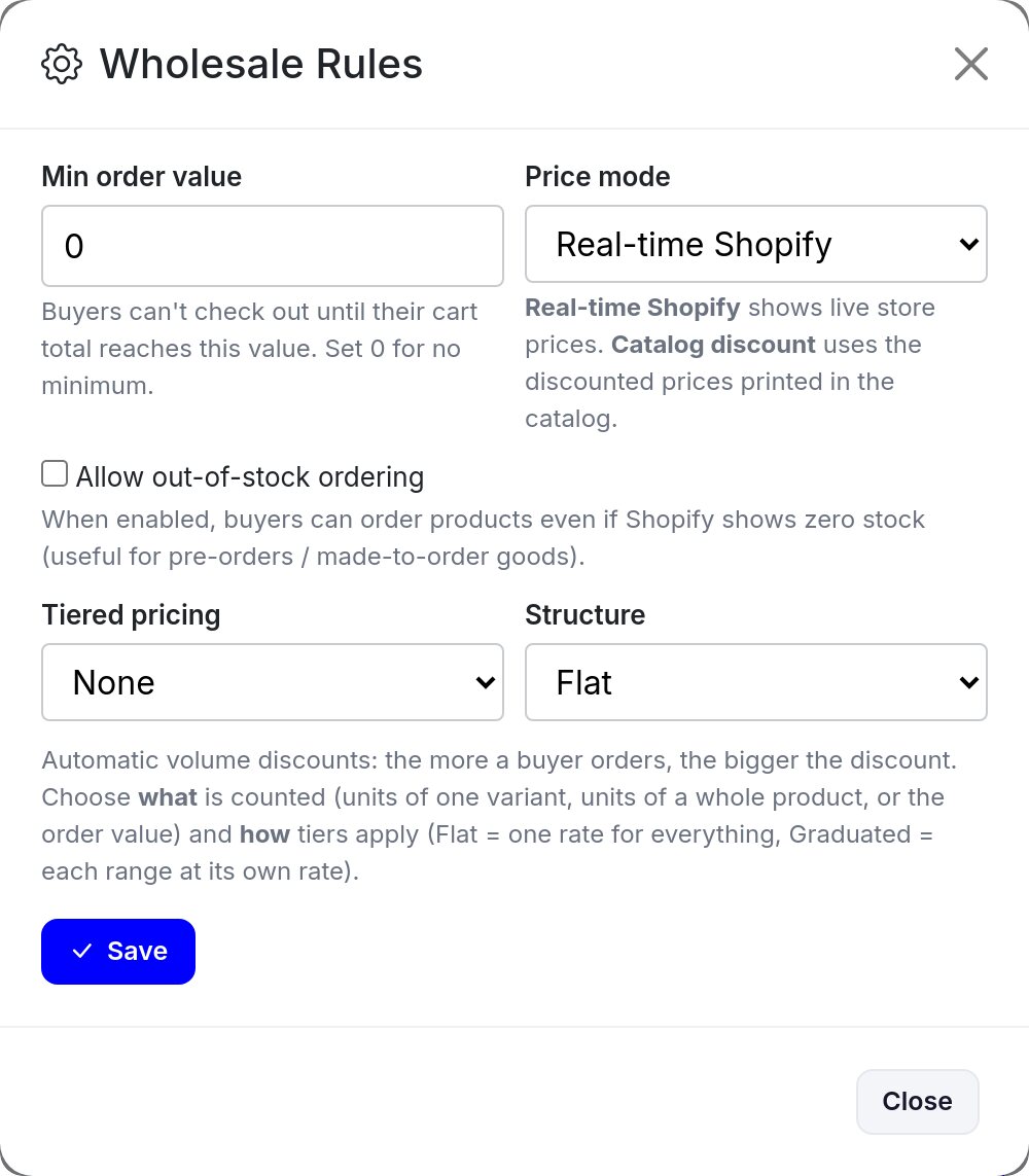 The Wholesale Rules window: Min order value 0, Price mode Real-time Shopify, an Allow out-of-stock ordering checkbox, Tiered pricing None, Structure Flat, and a Save button.