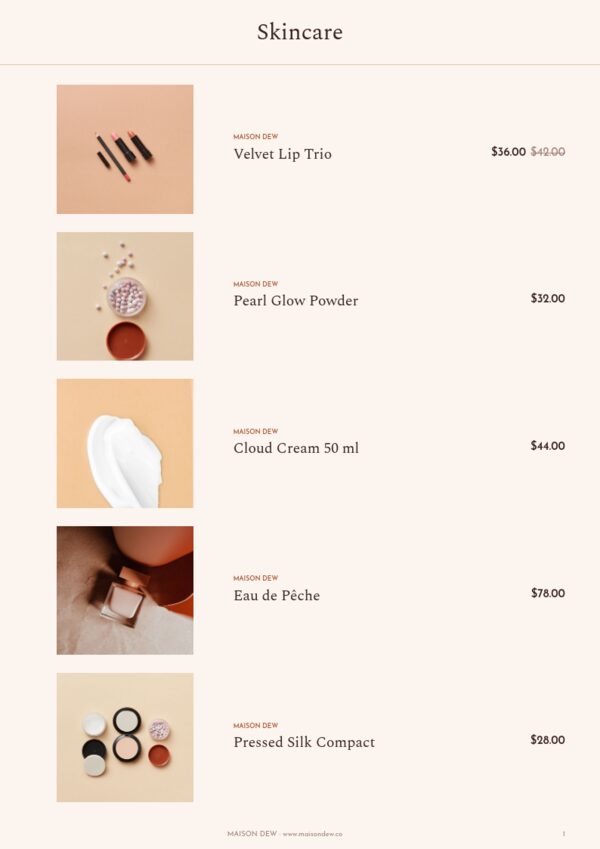 Beauty & Cosmetics — product page, Line sheet