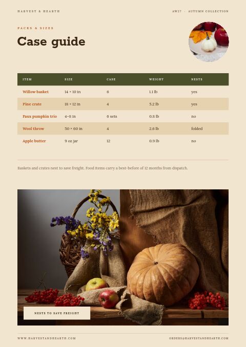 Autumn Collection — Size / Spec Guide page