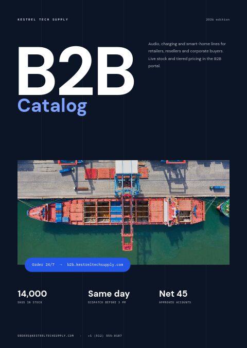 B2B catalog cover with oversized B2B lettering on dark navy, an aerial container ship photo and three stats
