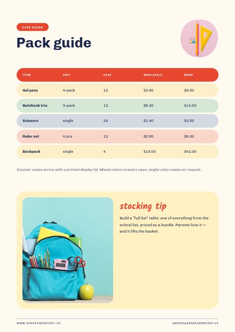 Back to School — Size / Spec Guide page
