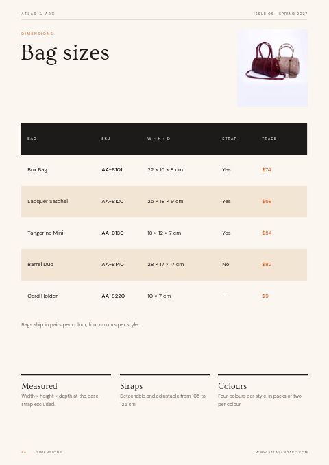 Bags & Accessories Catalog — Size / Spec Guide page