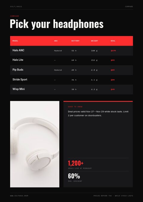 Black Friday — Size / Spec Guide page