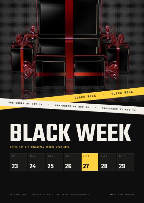 Black Week wholesale catalog cover with red-ribboned black gift boxes, two tape strips and a seven-day date strip
