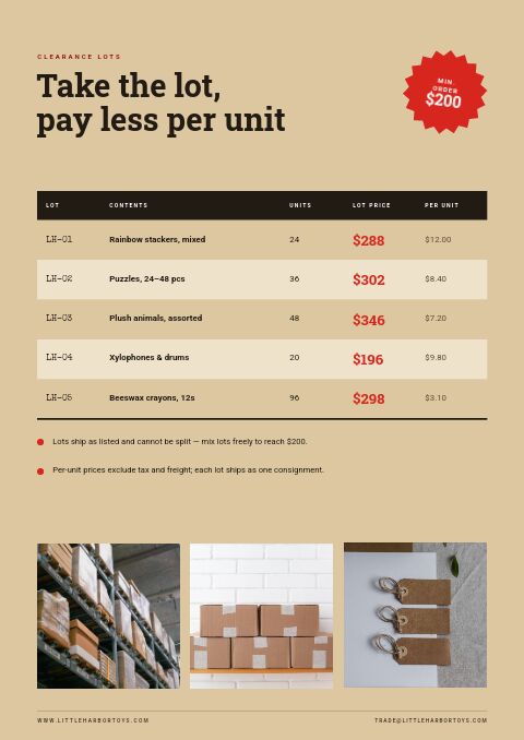 Clearance Sale — Size / Spec Guide page