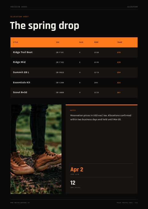 Coming Soon — Size / Spec Guide page