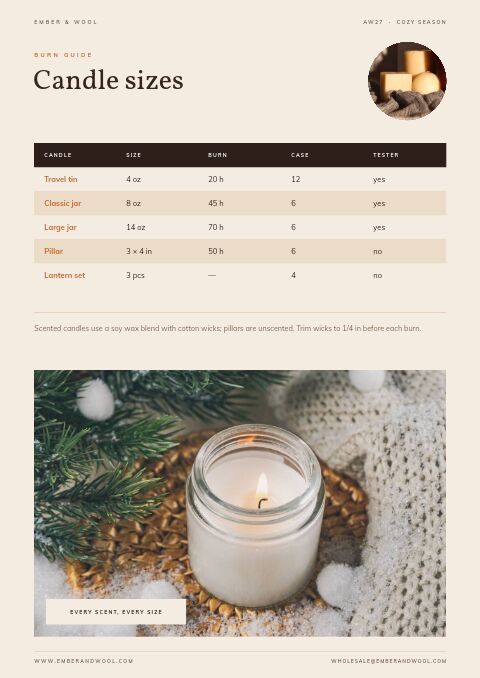 Cozy Season — Size / Spec Guide page