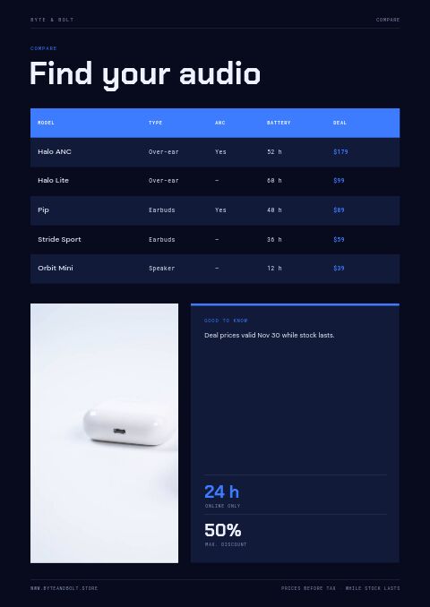 Cyber Monday — Size / Spec Guide page