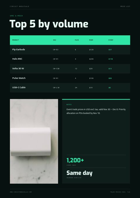 Cyber Week — Size / Spec Guide page