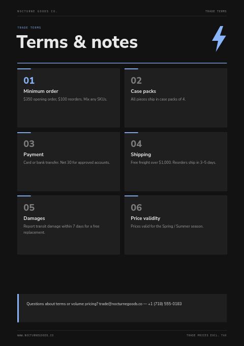 Dark Mode Catalog — Notes / Terms page