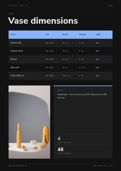 Dark Mode Catalog — Size / Spec Guide page