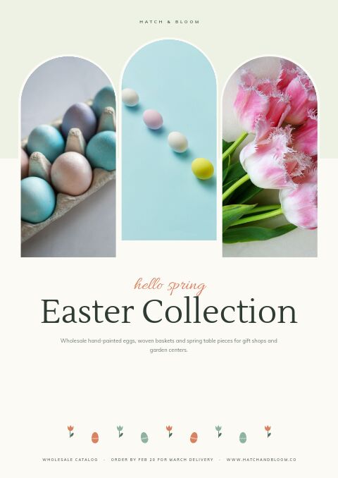 Easter Collection cover with three arched photos of dyed eggs, tiny pastel eggs and pink tulips on cream