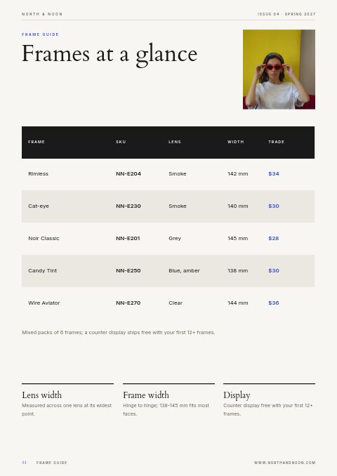 Editorial Lookbook — Size / Spec Guide page