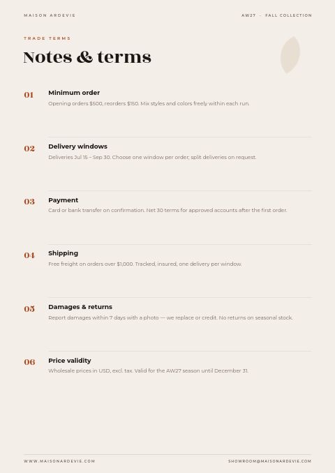 Fall Collection — Notes / Terms page