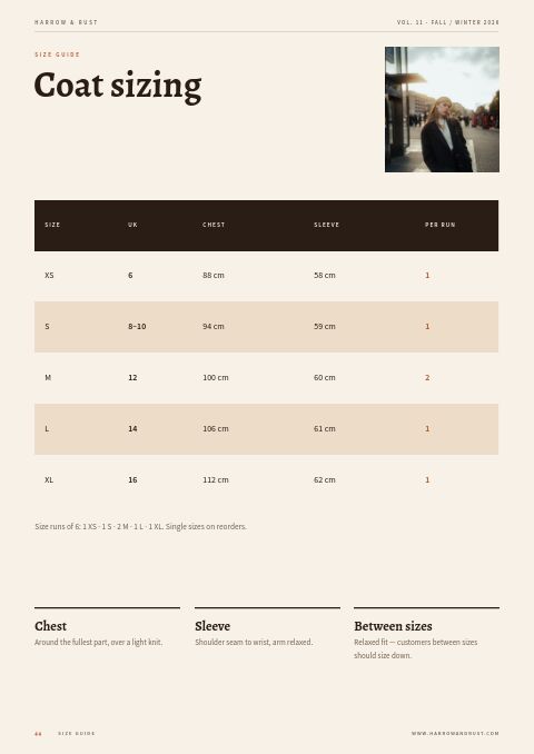 Fall Fashion — Size / Spec Guide page