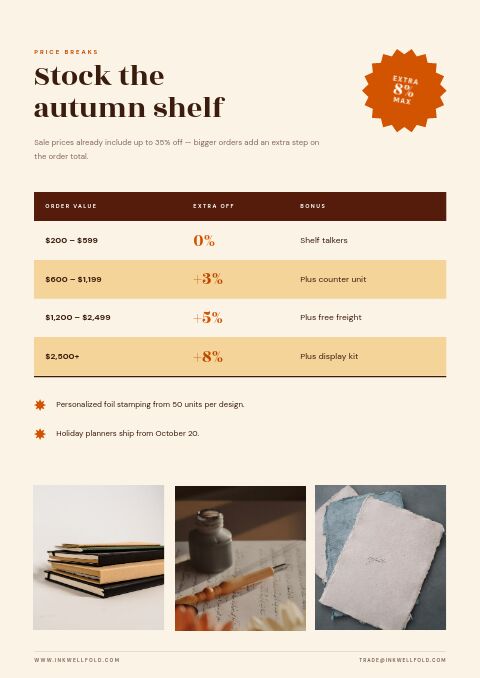 Fall Sale — Size / Spec Guide page