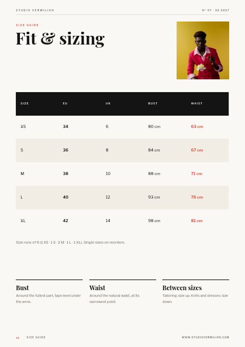 Fashion Lookbook — Size / Spec Guide page