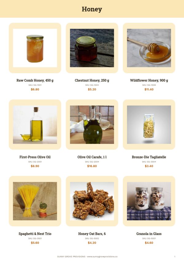 Food & Beverage Catalog — product page, 3 × 3 grid