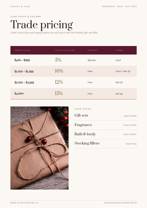 Holiday Collection — Size / Spec Guide page