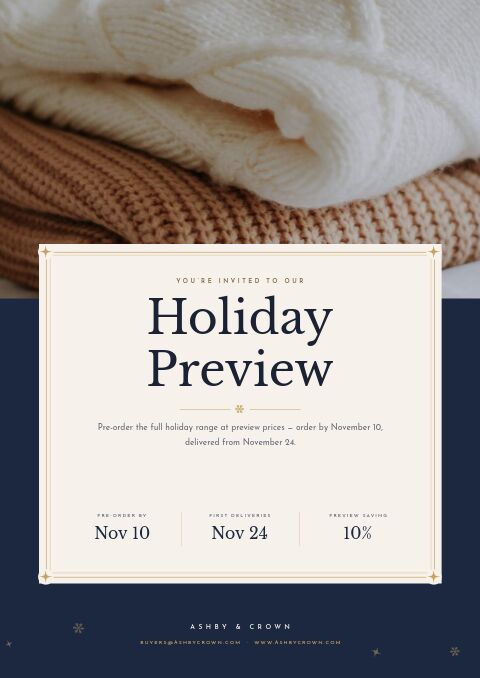Holiday Preview cover with a cream invitation card over a photo of stacked camel and cream knitwear, navy below