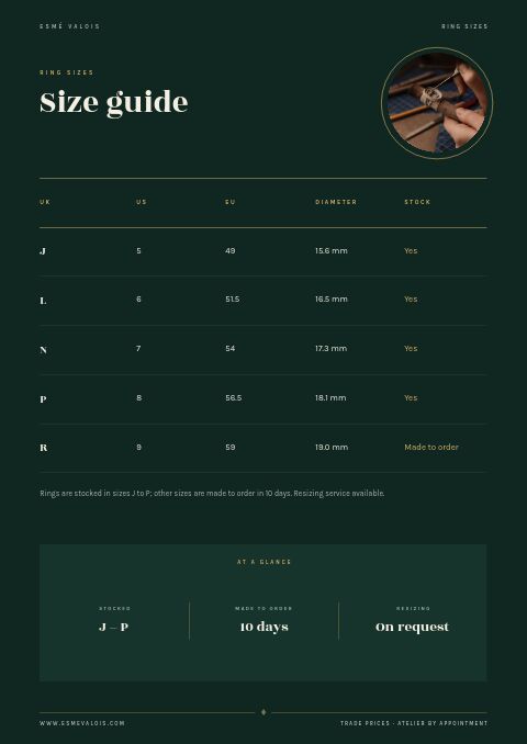 Jewelry Catalog — Size / Spec Guide page