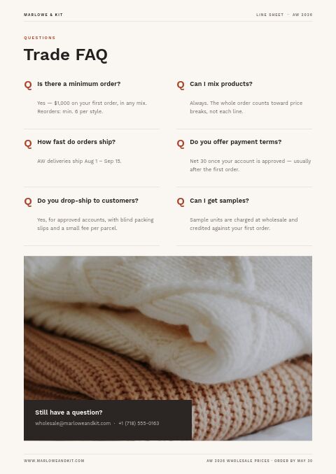 Line Sheet — FAQ page
