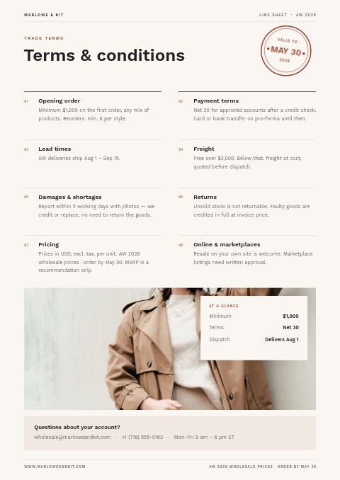 Line Sheet — Notes / Terms page