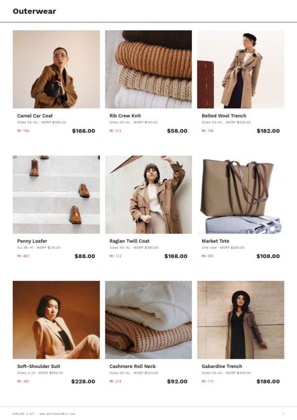 Line Sheet — product page, 3 × 3 grid
