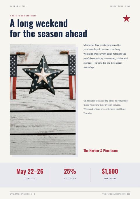 Memorial Day Sale — Welcome / About page