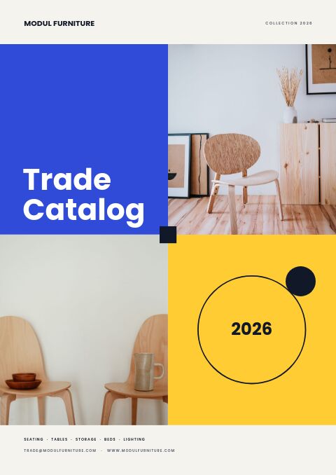 Modern Catalog cover with cobalt and yellow color blocks, a white Trade Catalog title and photos of wooden chairs