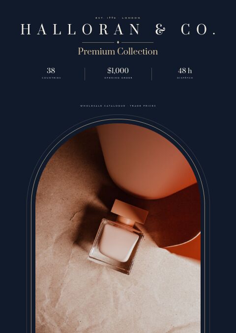 Navy catalog cover with a perfume bottle photo inside a tall arch, a spaced serif house name and three key figures