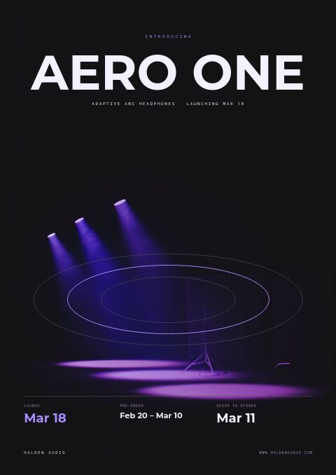 Product launch catalog cover in violet black with purple spotlights on an empty stage and three launch dates
