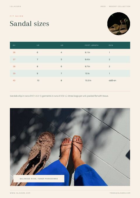 Resort Collection — Size / Spec Guide page