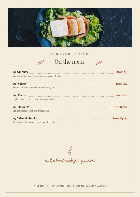 Restaurant Menu — Contents page