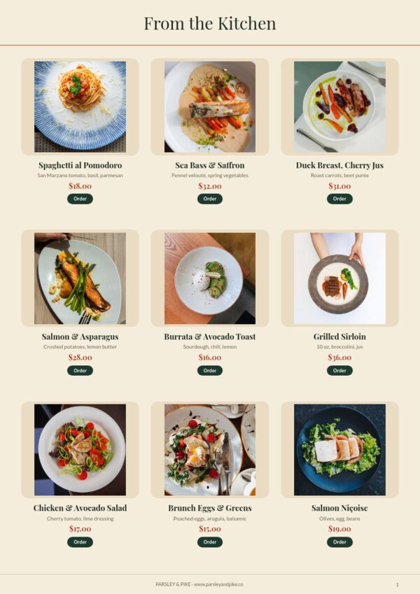 Restaurant Menu — product page, 3 × 3 grid