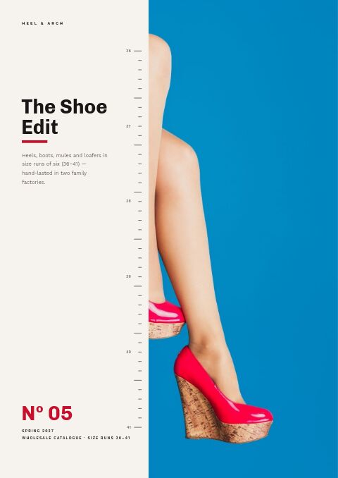 Shoe catalog cover with a cream panel, a size scale from 36 to 41 and a cyan photo of legs in pink platform wedges