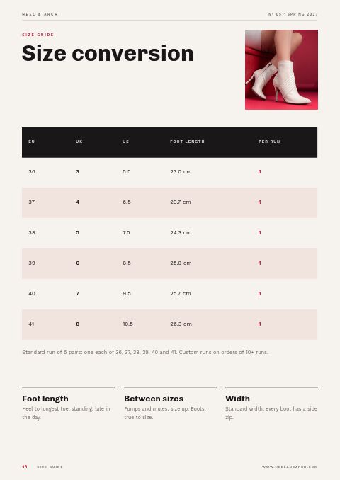 Shoes Catalog — Size / Spec Guide page