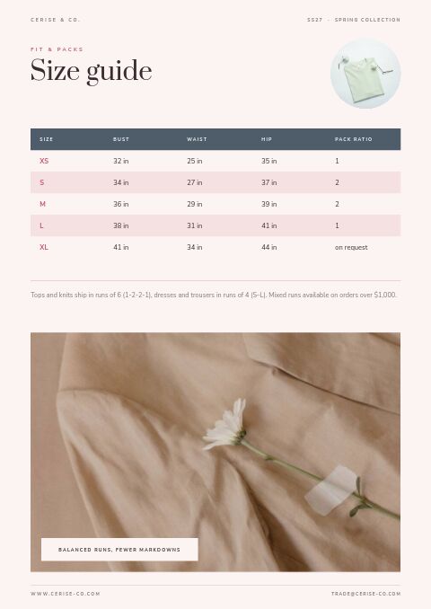 Spring Collection — Size / Spec Guide page