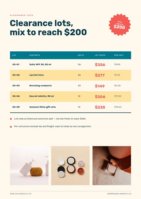Summer Clearance — Size / Spec Guide page