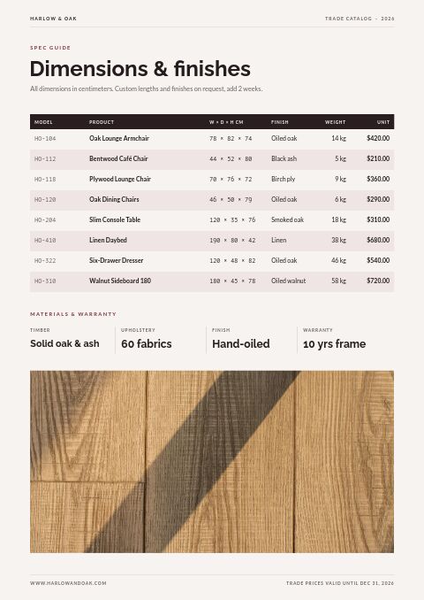 Trade Catalog — Size / Spec Guide page