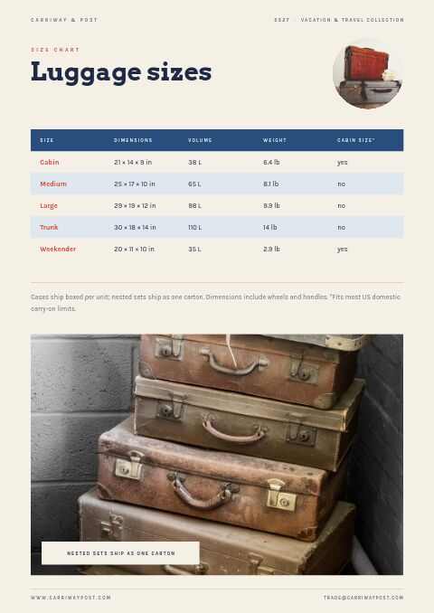 Vacation & Travel Collection — Size / Spec Guide page