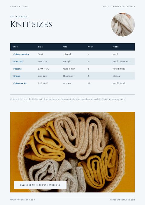 Winter Collection — Size / Spec Guide page