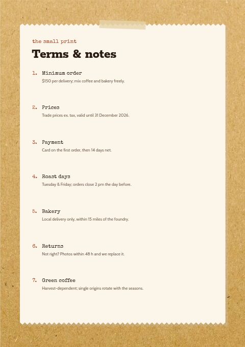 Coffee & Bakery — Notes / Terms page