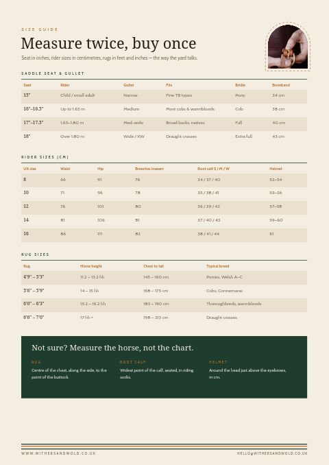 Equestrian & Country — Size / Spec Guide page