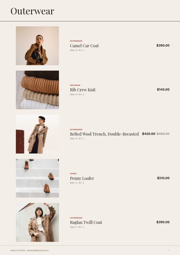 Fashion & Apparel — product page, Line sheet