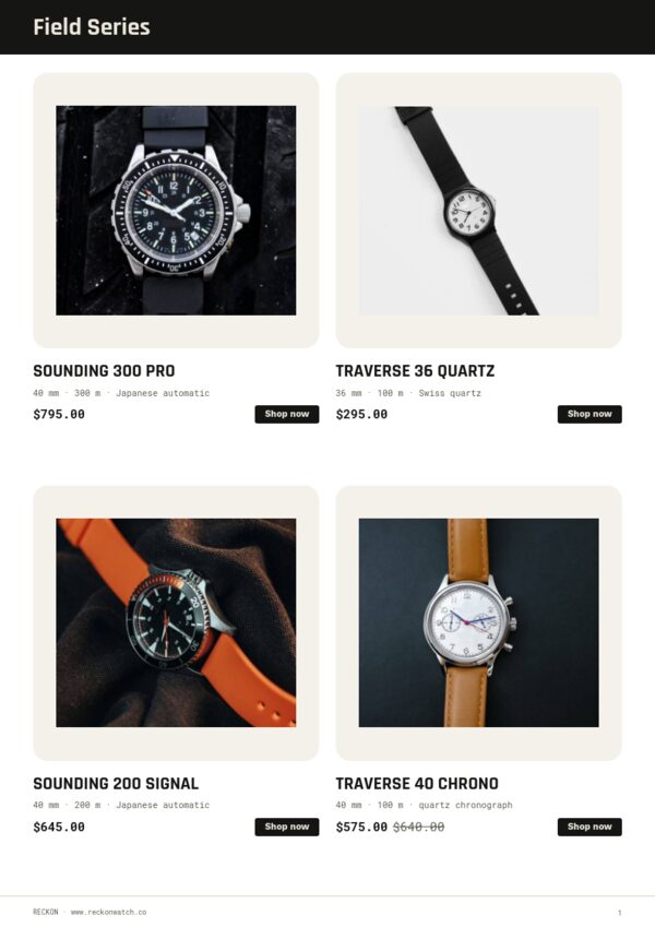 Field & Dive Watches — product page, 2 × 2 grid