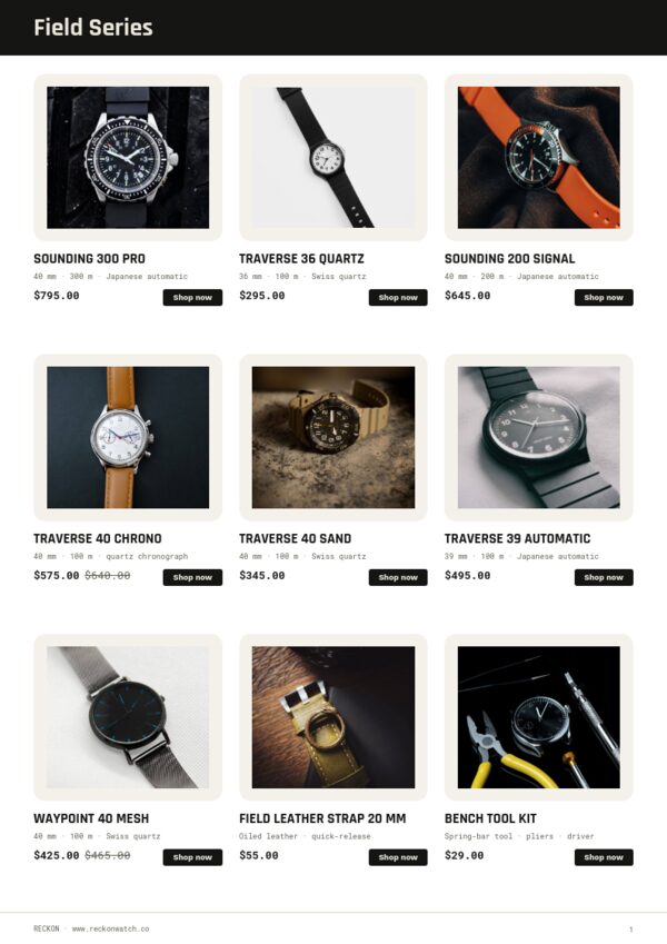 Field & Dive Watches — product page, 3 × 3 grid