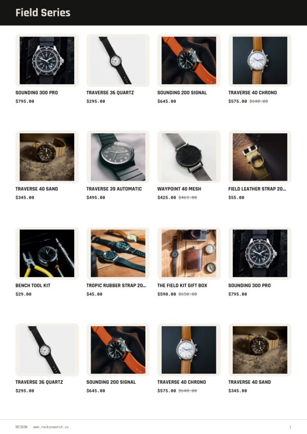 Field & Dive Watches — product page, 4 × 4 grid